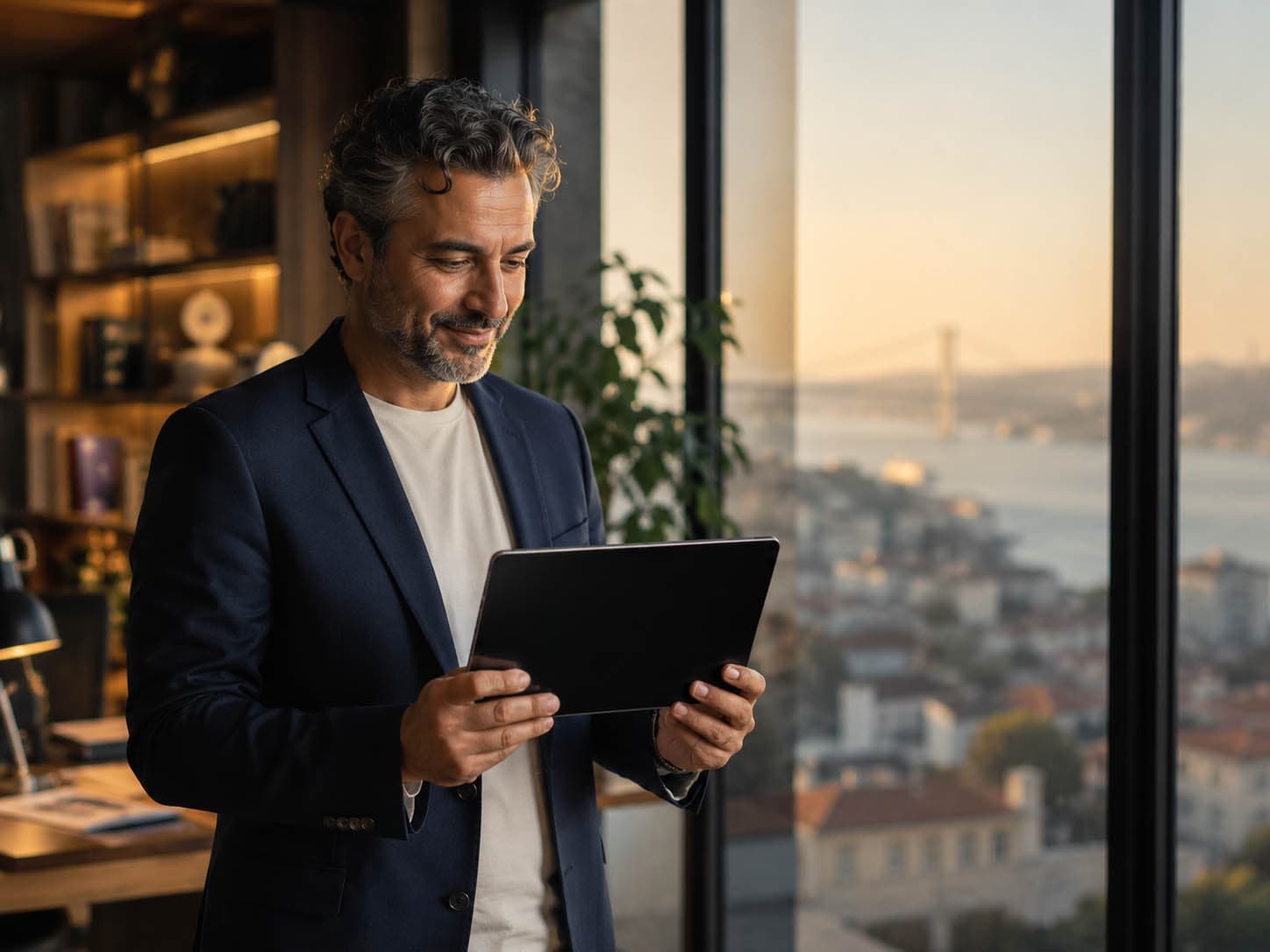 Modern İstanbul ofisinde tablette AI dashboard'a bakan deneyimli Türk işadamı — kararlı, profesyonel, güven veren